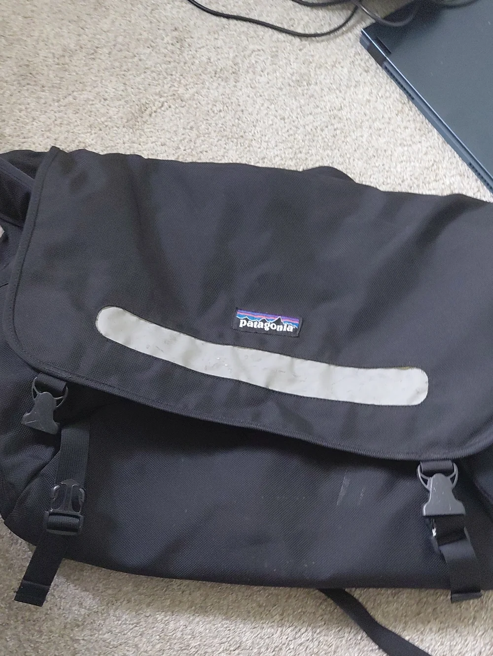 Patagonia Black Messenger Bag with Reflective Strip